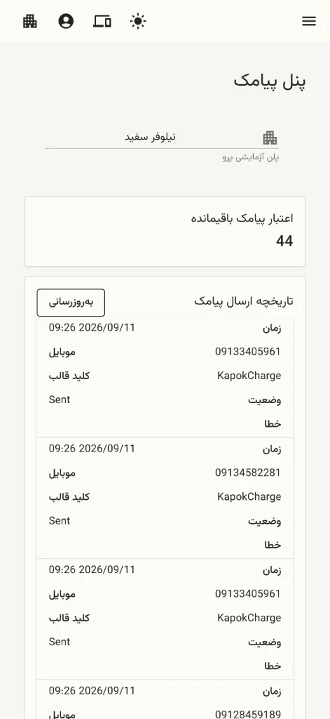 پنل گزارش پیامکها